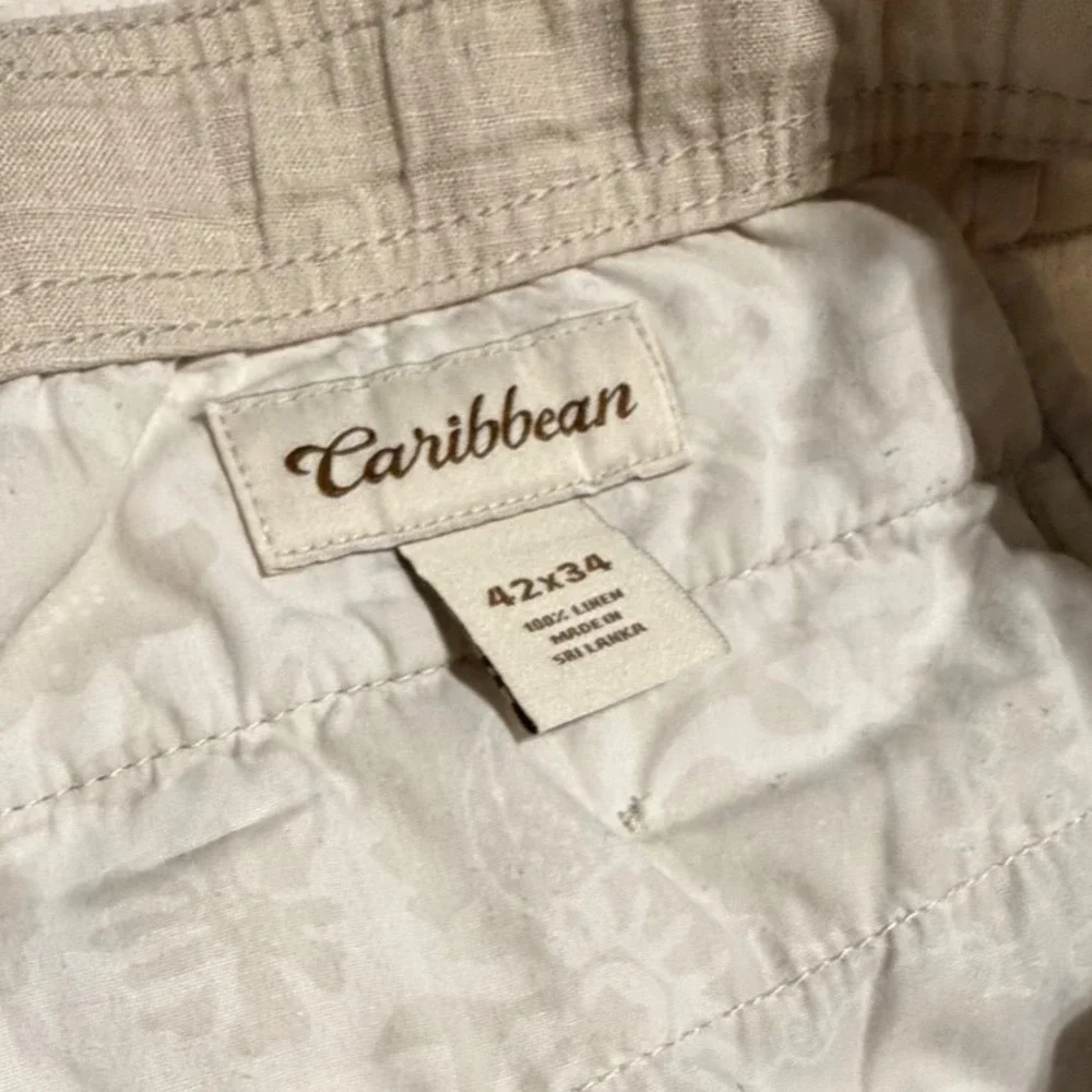 Caribbean Mens 100% Linen Cargo Pants Beige Tan Straight Leg 42x34 Summer Beach